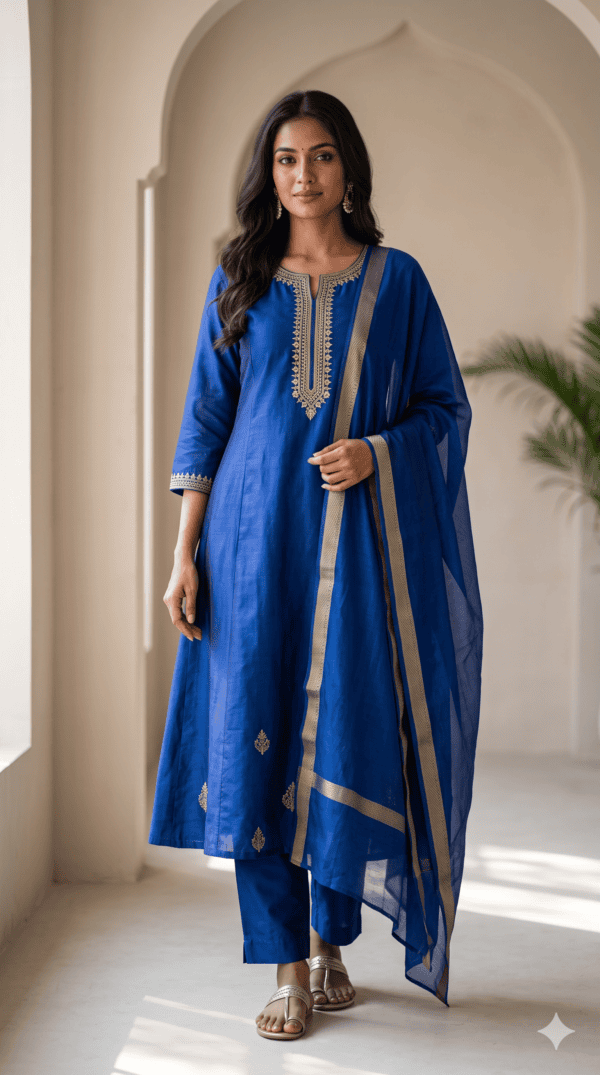 Royal Blue Chanderi Silk Festive Kurta Set