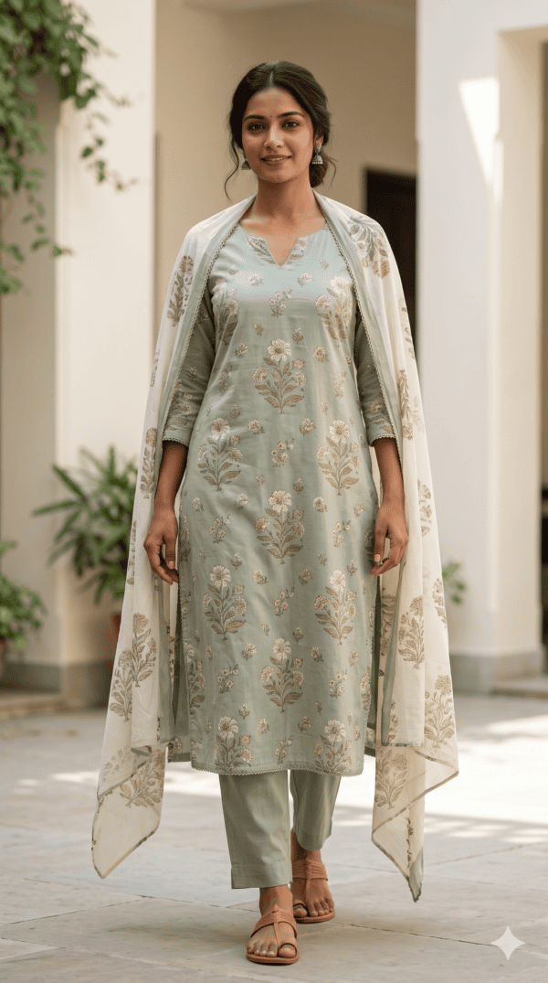Sage Green Floral Printed Cotton Kurta Set