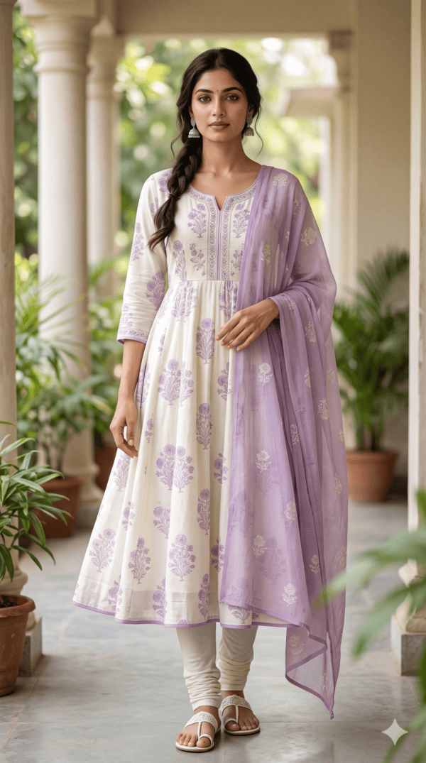 Ivory & Lavender Floral Anarkali Salwar Suit