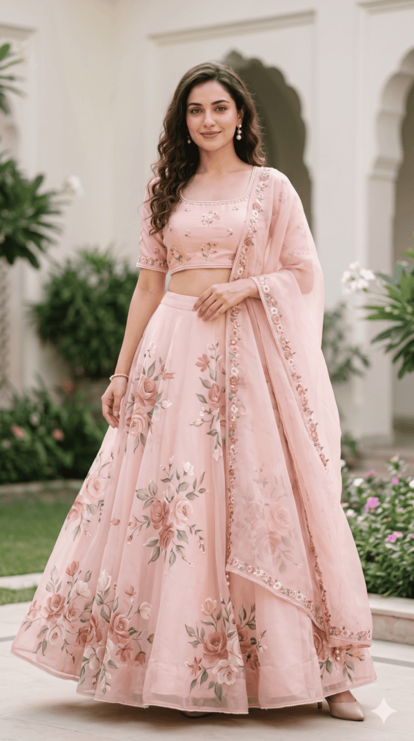 Blush Pink Floral Organza Designer Lehenga