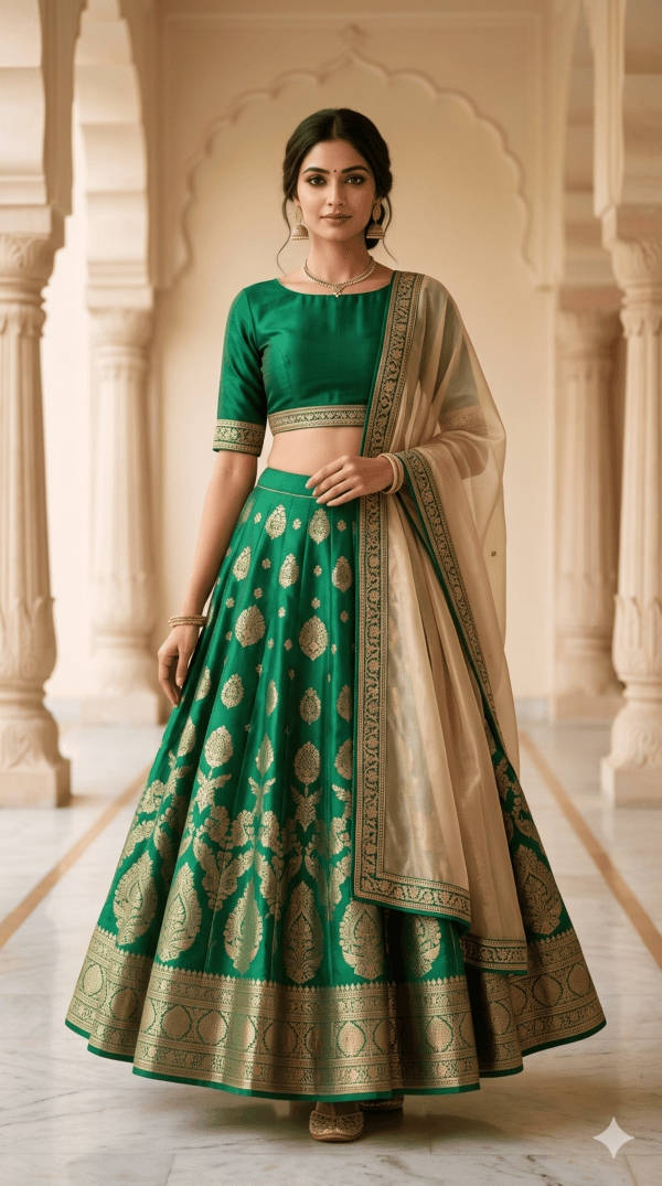 Emerald Green Banarasi Silk Festive Lehenga