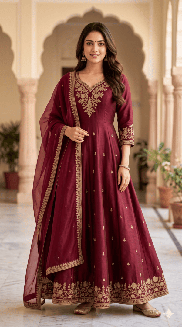 Royal Wine Red Embroidered Anarkali Gown