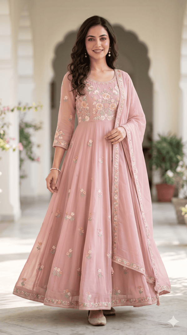 Dusty Rose Pink Floral Anarkali Gown
