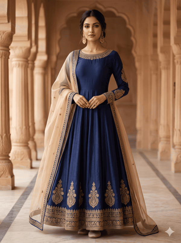 Midnight Navy Blue & Gold Anarkali Gown