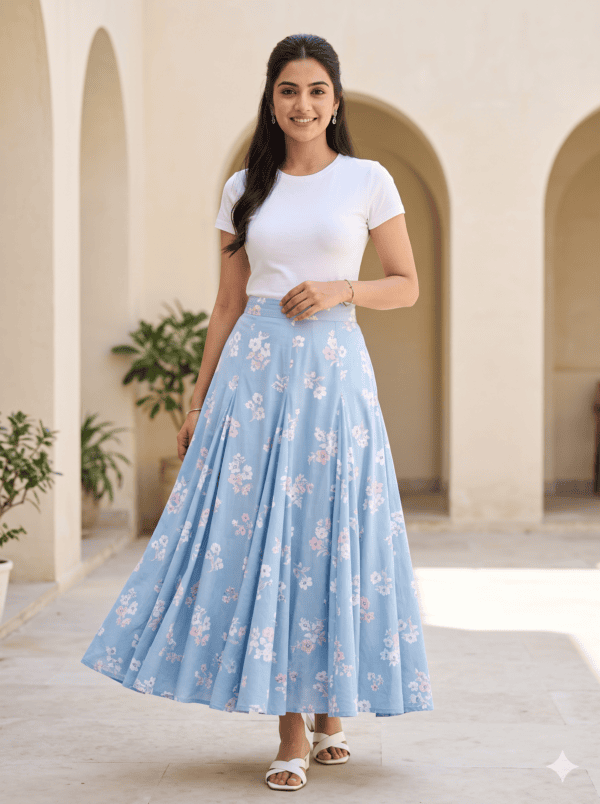 Sky Blue Floral Flared Maxi Skirt