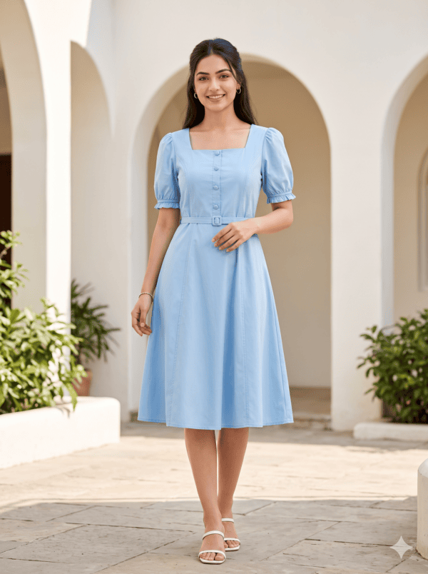 Sky Blue Puff-Sleeve A-Line Frock