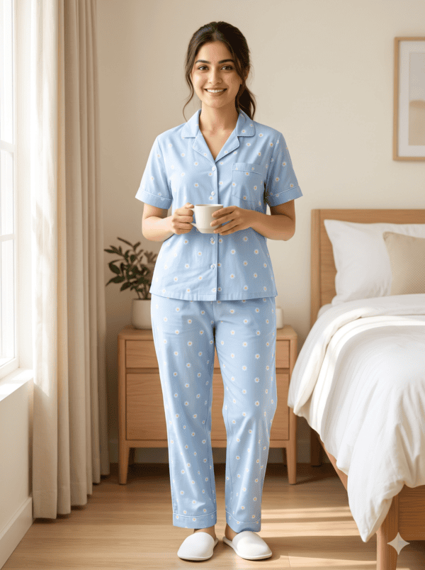 Powder Blue Cotton Printed Night Suit