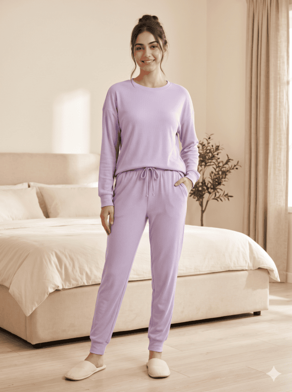 Lavender Ribbed Lounge Night Suit